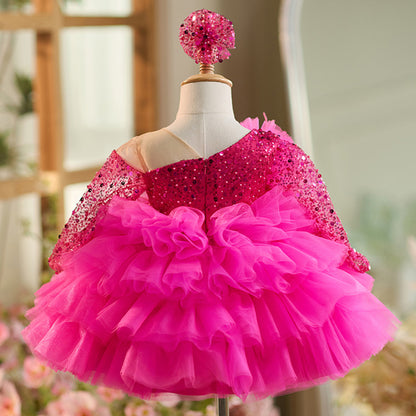 Abito Cerimonia Bambina Fucsia con Paillettes e Gonna in Tulle