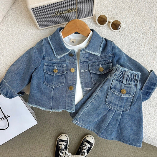 Set Bambina in Jeans 2 Pezzi – Giacca e Gonna con Dettagli Sfilacciati
