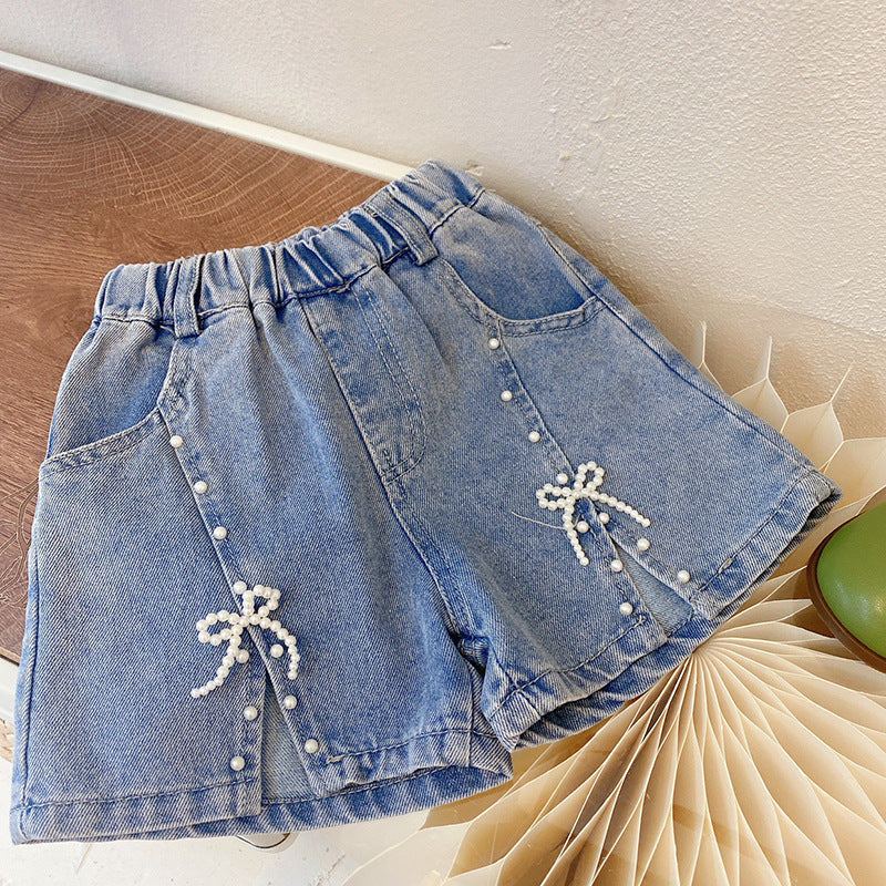 Shorts in Denim con Dettagli di Perle