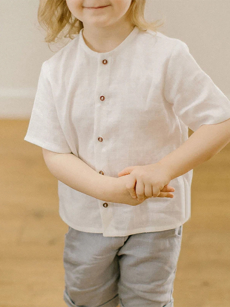 Completo estivo bimbo in lino con bottoni – Bianco e Grigio