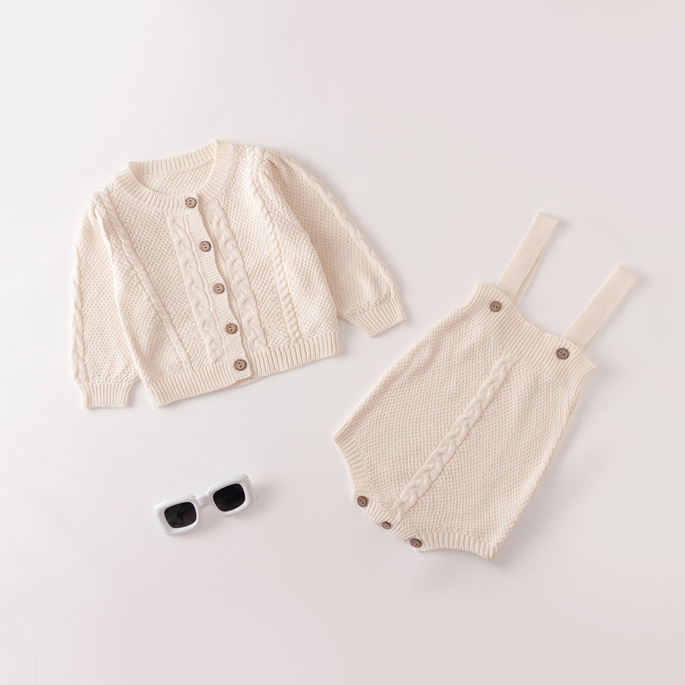 Set Maglia bimbo 2 Pezzi: Cardigan e Salopette in Maglia con Treccia - Beige Classico