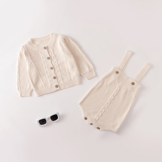 Set Maglia bimbo 2 Pezzi: Cardigan e Salopette in Maglia con Treccia - Beige Classico