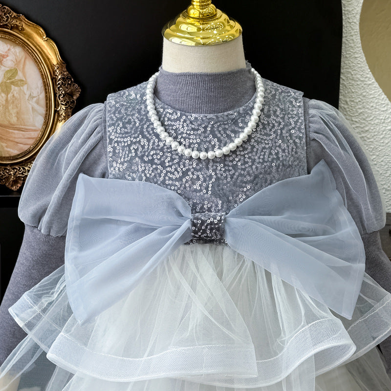 Abito Cerimonia Bimba "Principessa di Ghiaccio"  Con Maxi Fiocco e Gonna a Balze