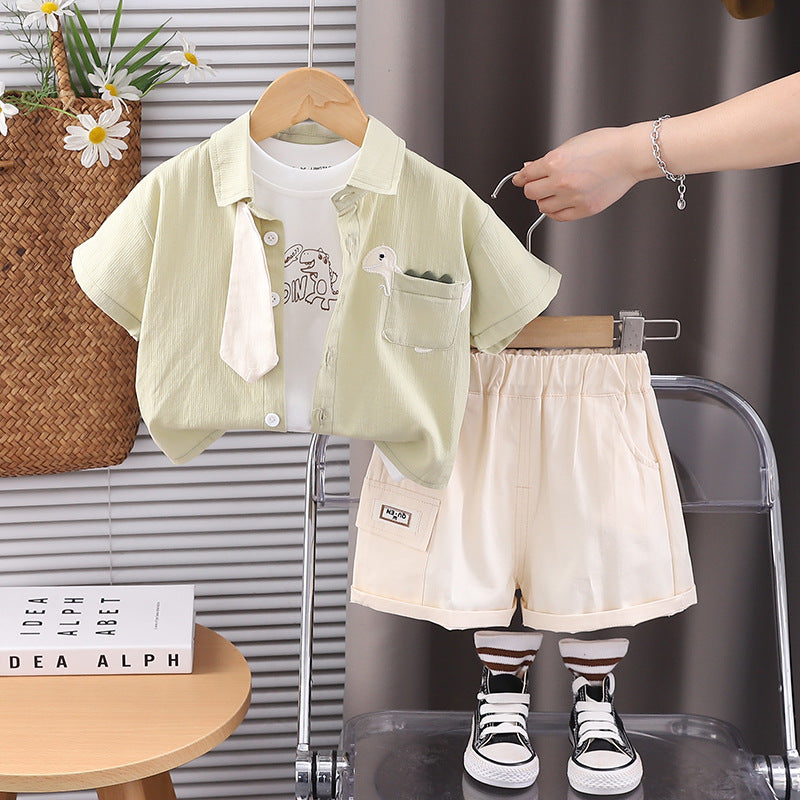 Completo Estivo Bambino "Dino Manager" - Camicia con Cravatta, T-Shirt Stampata e Shorts