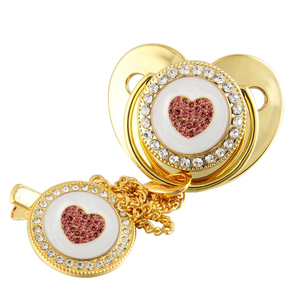 Set Ciuccio e Catenella con Cuore Rosa in Cristalli