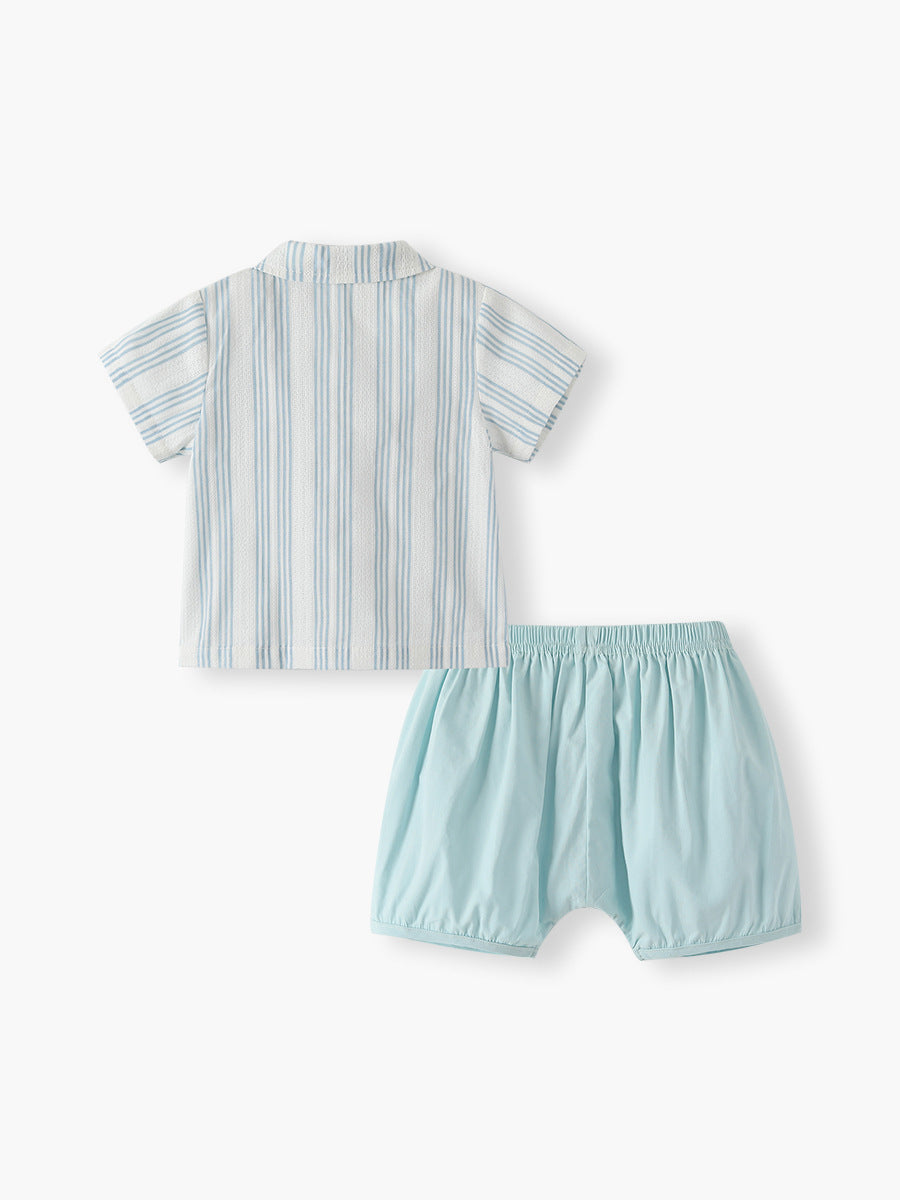 Completino  Estivo Neonato  Camicetta a Righe Azzurre e Shorts Coordinati