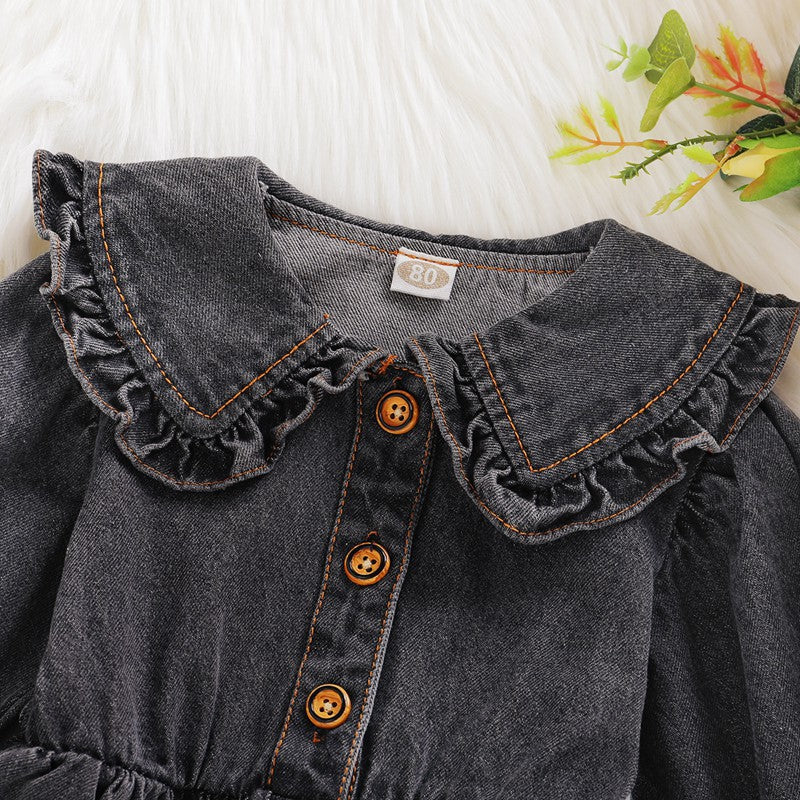Vestitino Bimba in Jeans Nero con Colletto Volant e Bottoni in Legno