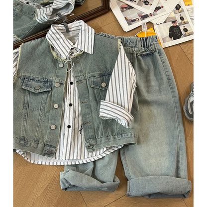 Set bimbo 3pz Gilet jeans , camicia  e jeans con elastico in vita