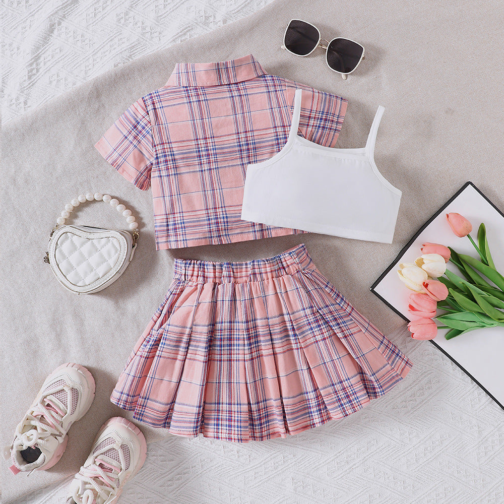 Completo Bimba 3 Pezzi  Top “California”, Camicia e Gonna Scozzese Rosa