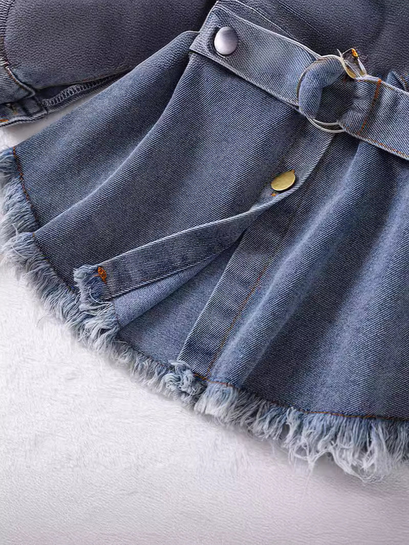 Vestitino  in Jeans Bambina con Cintura e Dettagli Frangiati