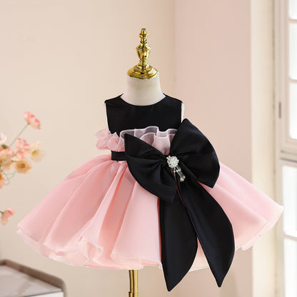 Abito elegante bambina rosa e nero con maxi fiocco
