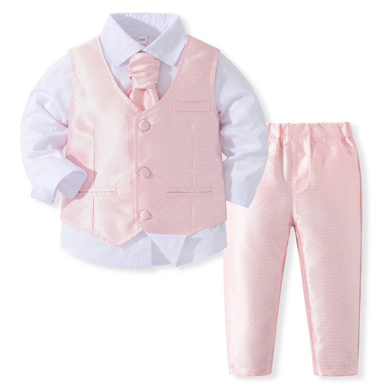 Completo Elegante 3 Pezzi Bambino  Rosa  Satinato con Gilet e Cravatta