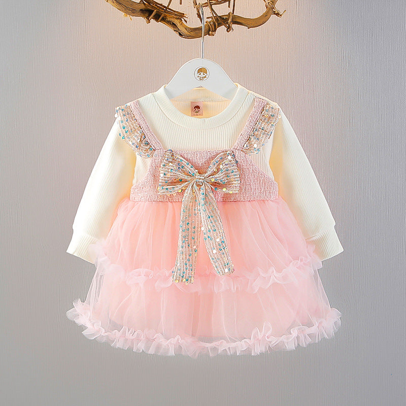 Abito Elegante Bambina con Tulle e Fiocco di Paillettes