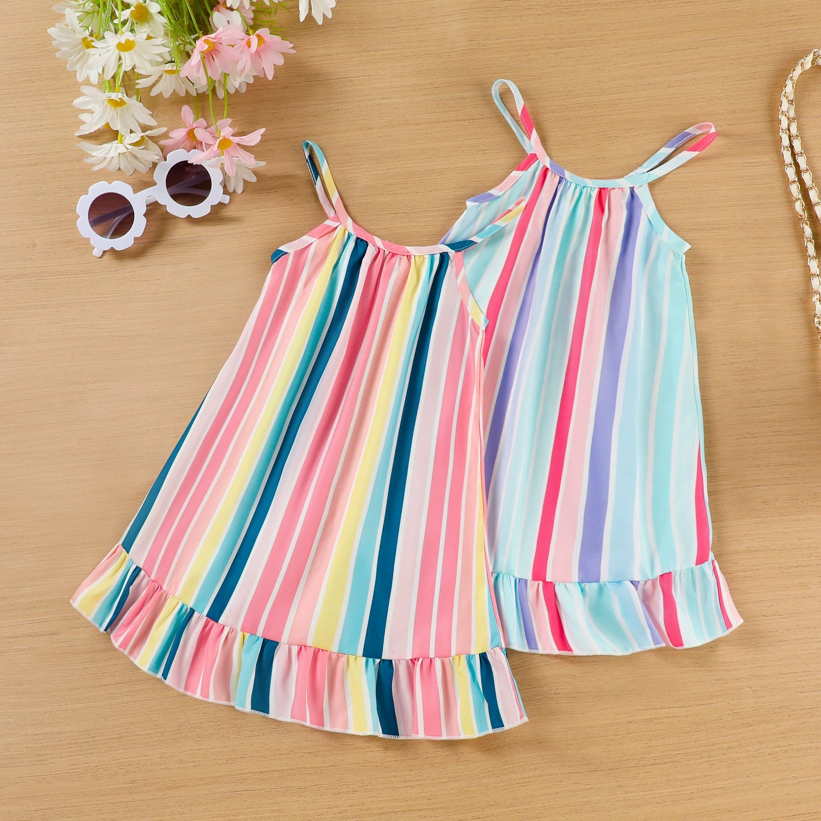 Vestito Estivo Bimba a Righe Colorate  Spalline Sottili e Volant