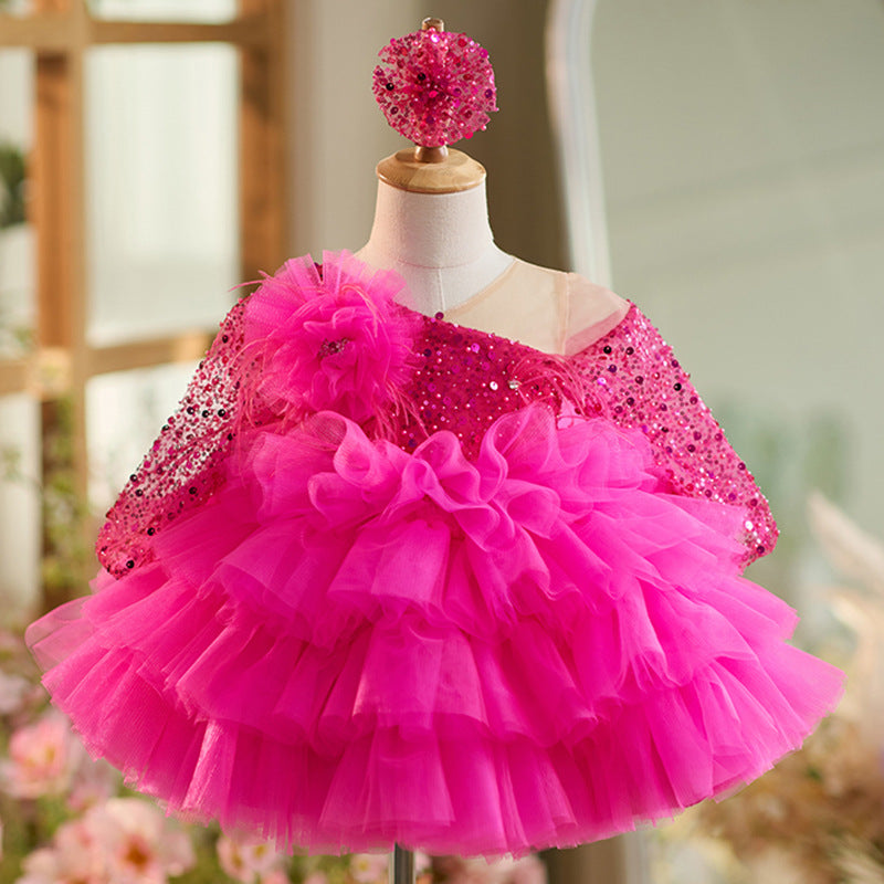 Abito Cerimonia Bambina Fucsia con Paillettes e Gonna in Tulle