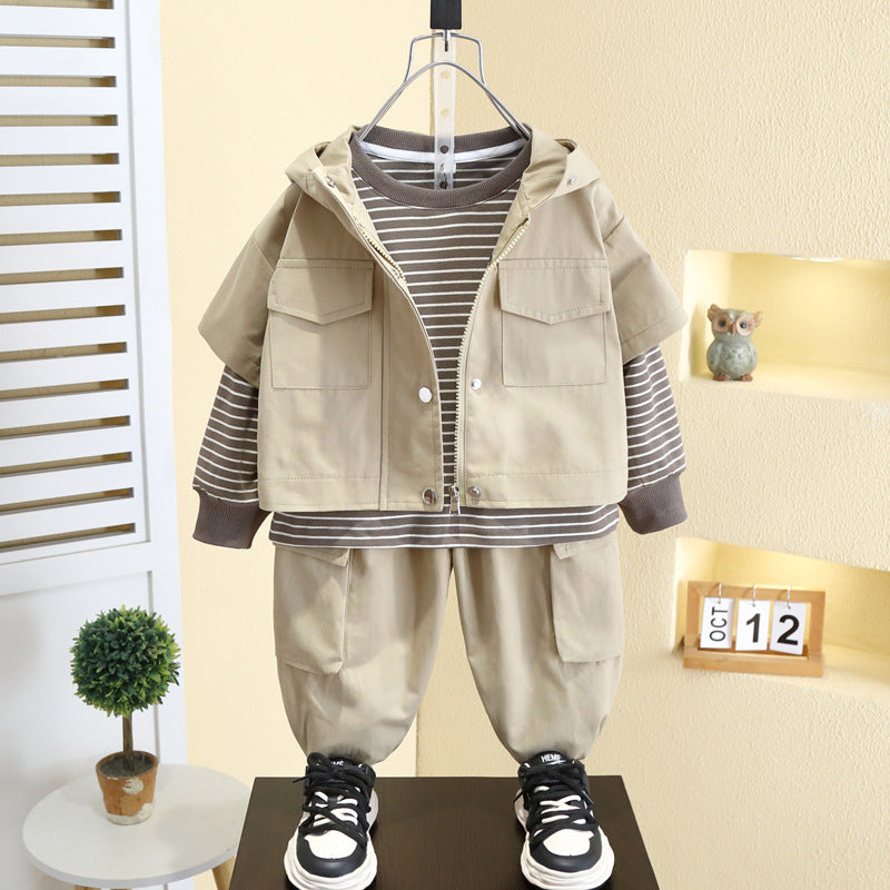 Set 3 Pezzi Bambino – Giacca con Cappuccio, Maglia a Righe e Pantaloni Cargo