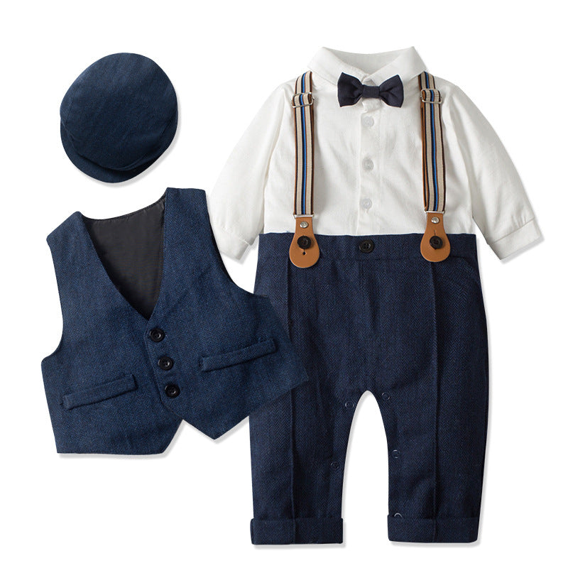 Completo Neonato Elegante 4 Pezzi  Camicia, Gilet, Pantaloni con Bretelle e Coppola in Stile Vintage