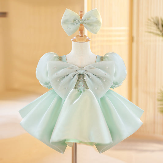 Abito Elegante Bimba Verde Acqua con Maxi Fiocco e Perline