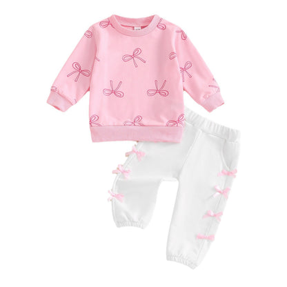 Completo Bambina con Felpa Rosa e Pantaloni Bianchi Decorati