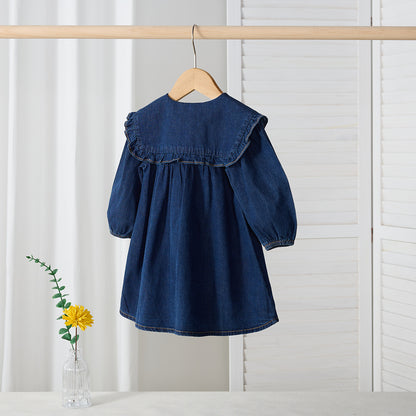 Vestito Bambina in Jeans con Colletto Volant – Manica Lunga