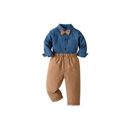 Set Elegante Bambino - Camicia in Denim e Pantaloni Beige