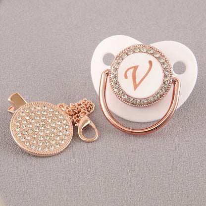 Set Ciuccio Luxury Bianco e oro rosa con Clip – Personalizzato con Iniziale (6-12 mesi)