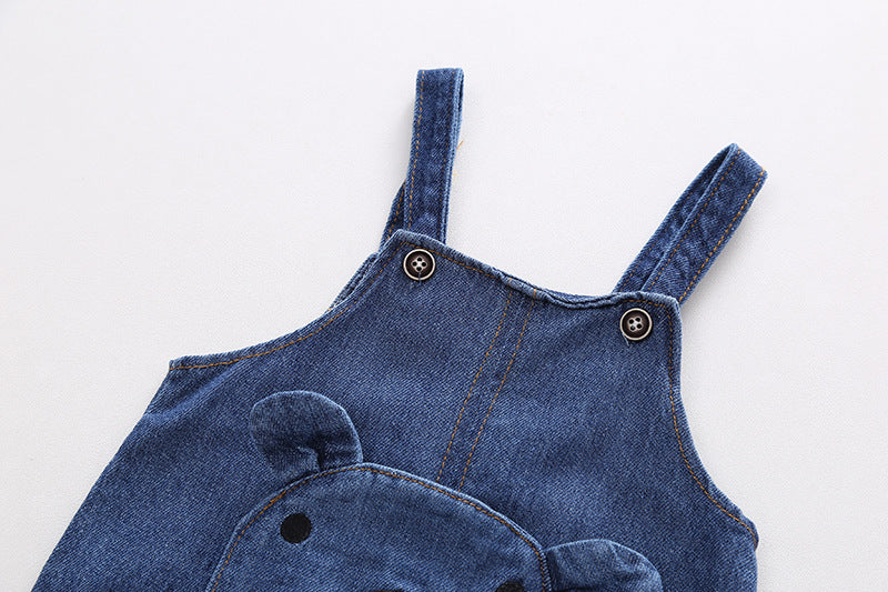 Completo Bambino 2 Pezzi - Salopette in Denim con Orsetto e Maglia a Righe