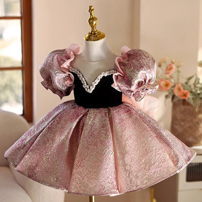 Abito da Cerimonia Bambina Principessa  Rosa Lilla con Maniche Voluminose
