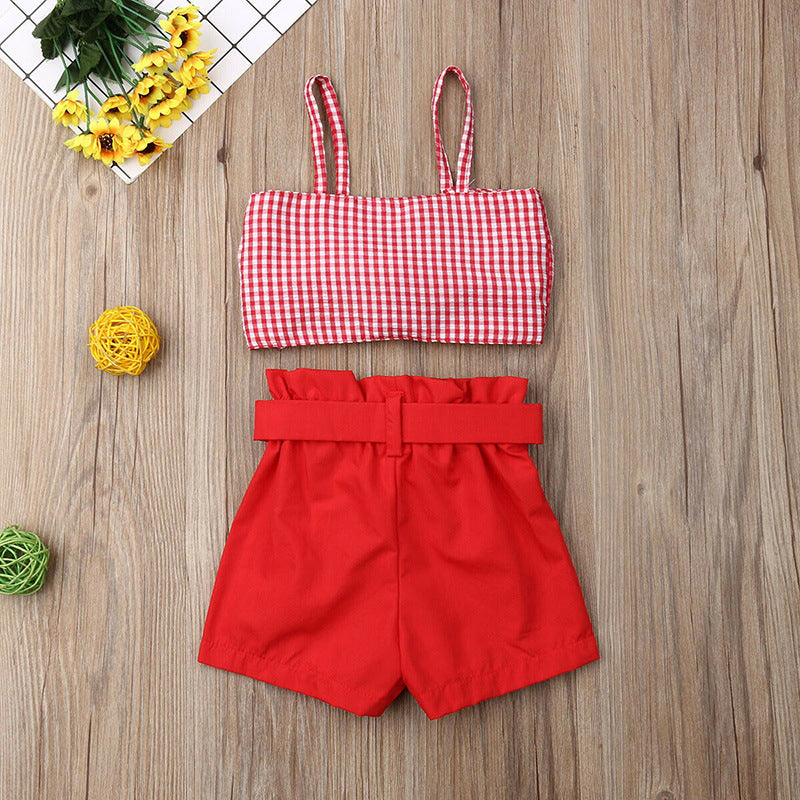 Completo estivo bambina rosso con top a quadretti e shorts con fiocco