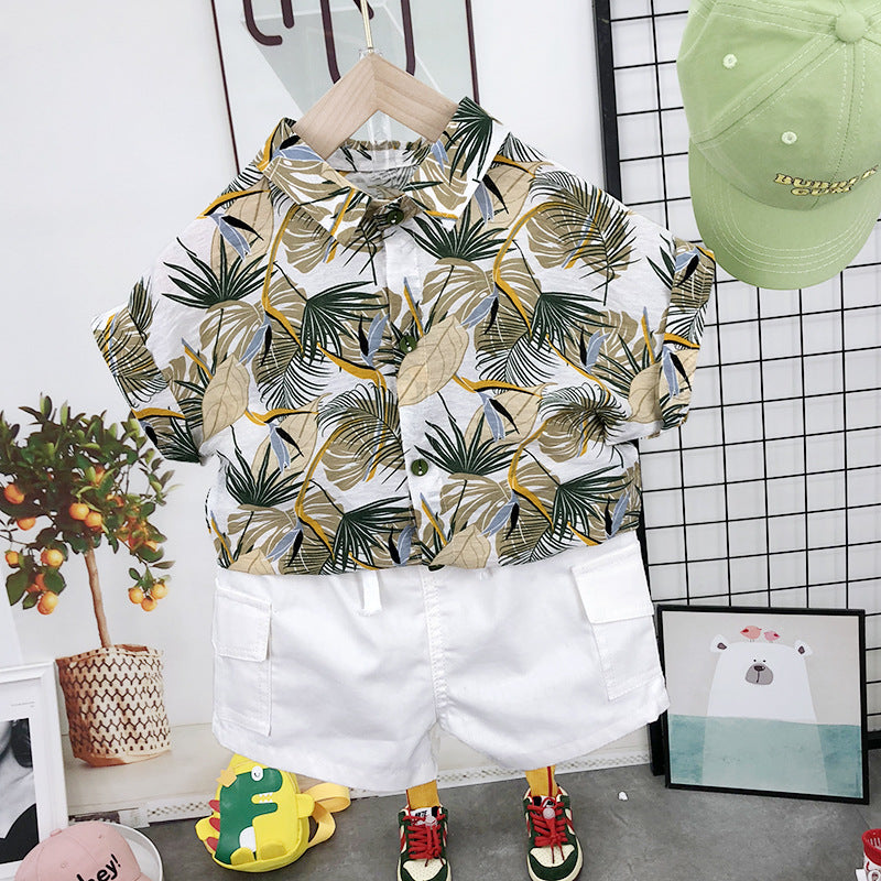 Completo Estivo Bambino   Camicia Tropical Beige e Shorts Bianchi