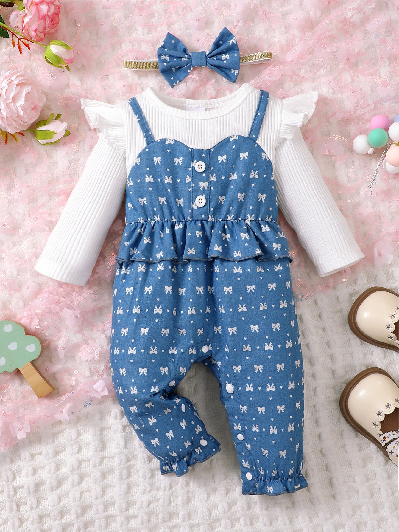 Salopette in Denim con Fiocchi, Maglia a Maniche Lunghe e Fascia Coordinata