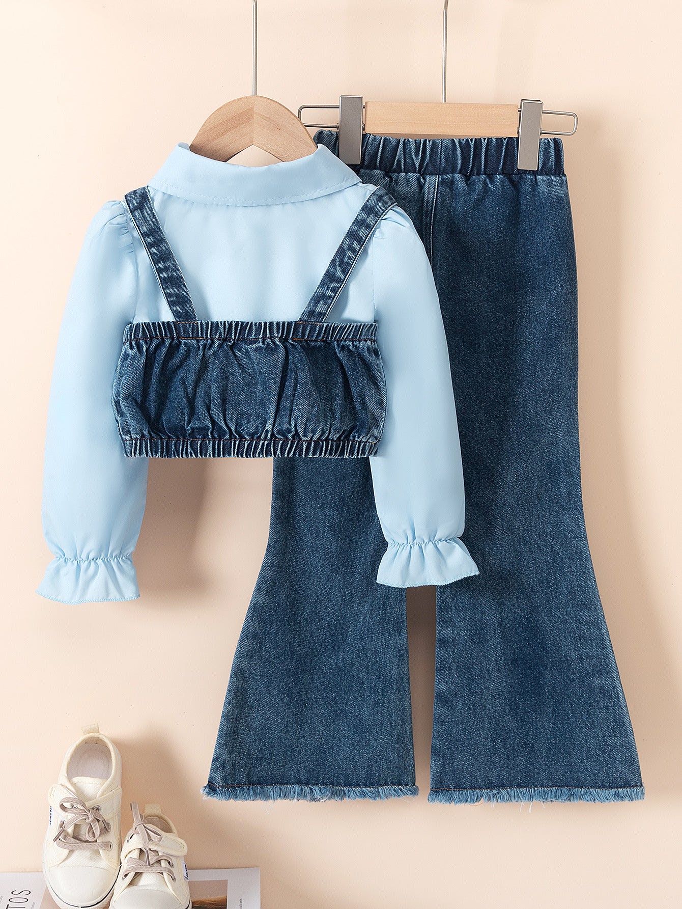 Completo Bimba  Elegante - Camicia Azzurra e Set in Denim con Perline