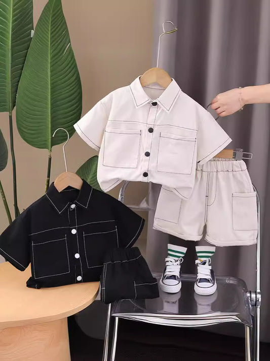 Completo Estivo Bambino: Camicia e Pantaloncini con Cuciture a Contrasto