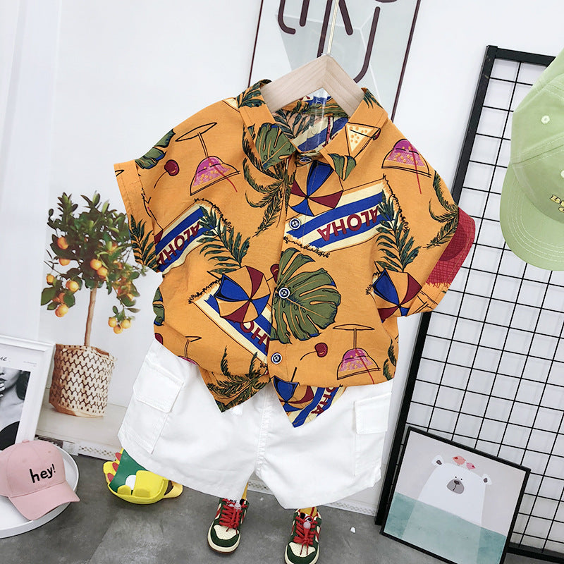 Completo Estivo Bambino  Camicia "Aloha" e Shorts Bianchi