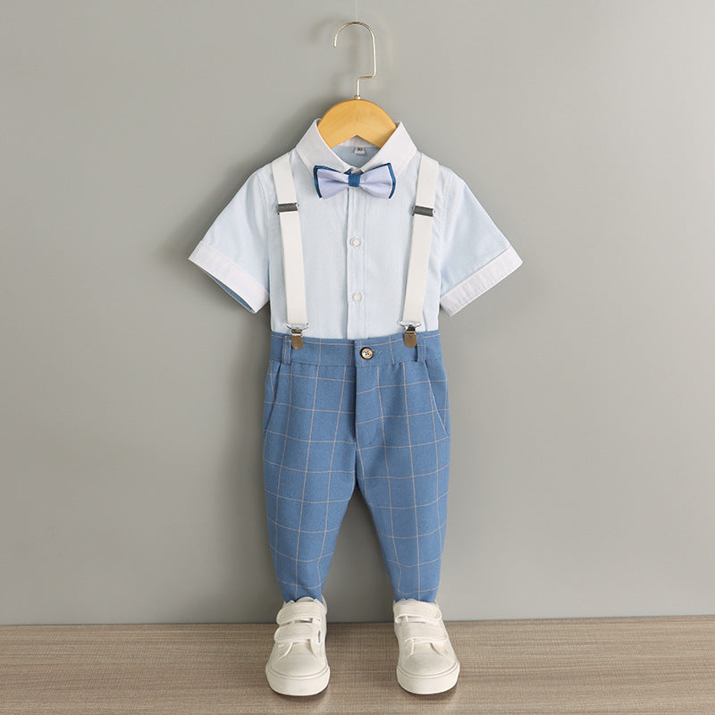 Completo estivo elegante bambino - azzurro a quadretti 4 pezzi