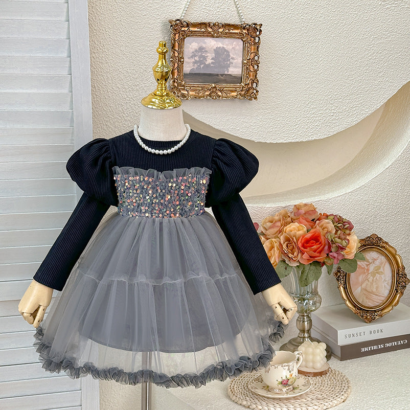Abito Elegante Bimba con Tulle e Paillettes  Maniche a Sbuffo