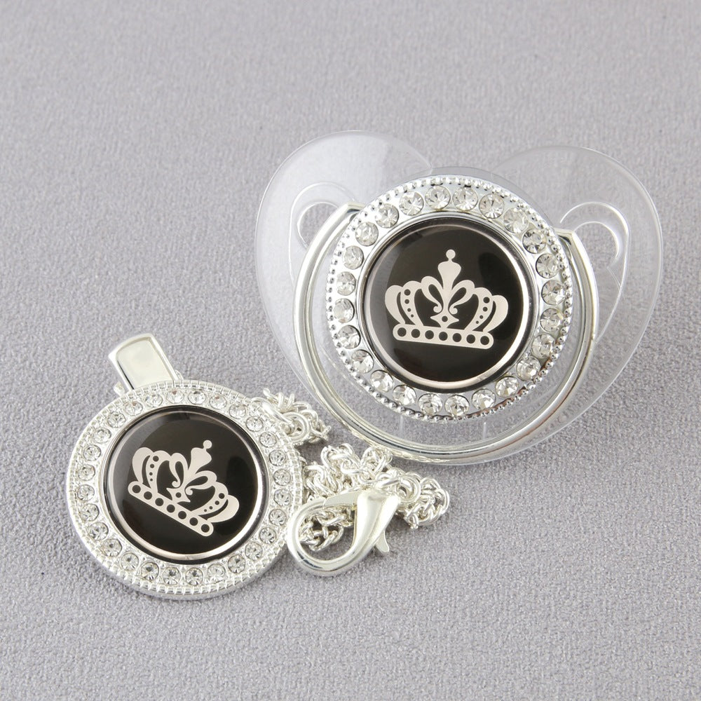 Set Ciuccio con Catenella e Copri-Polvere – Design Corona Reale con Cristalli (6-12 mesi)