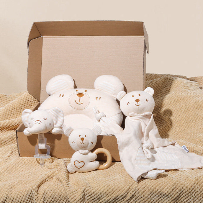 Set Regalo Neonato/a Neutro  in Cotone – Cuscino Orsetto, Peluche e Accessori Coccola