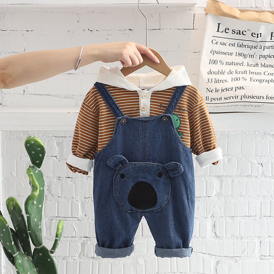 Completo Bambino 2 Pezzi - Salopette in Denim con Orsetto e Maglia a Righe