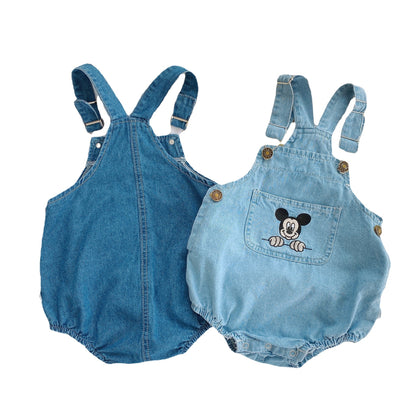 Salopette Neonato in Denim - Design Unisex con Ricamo Topolino