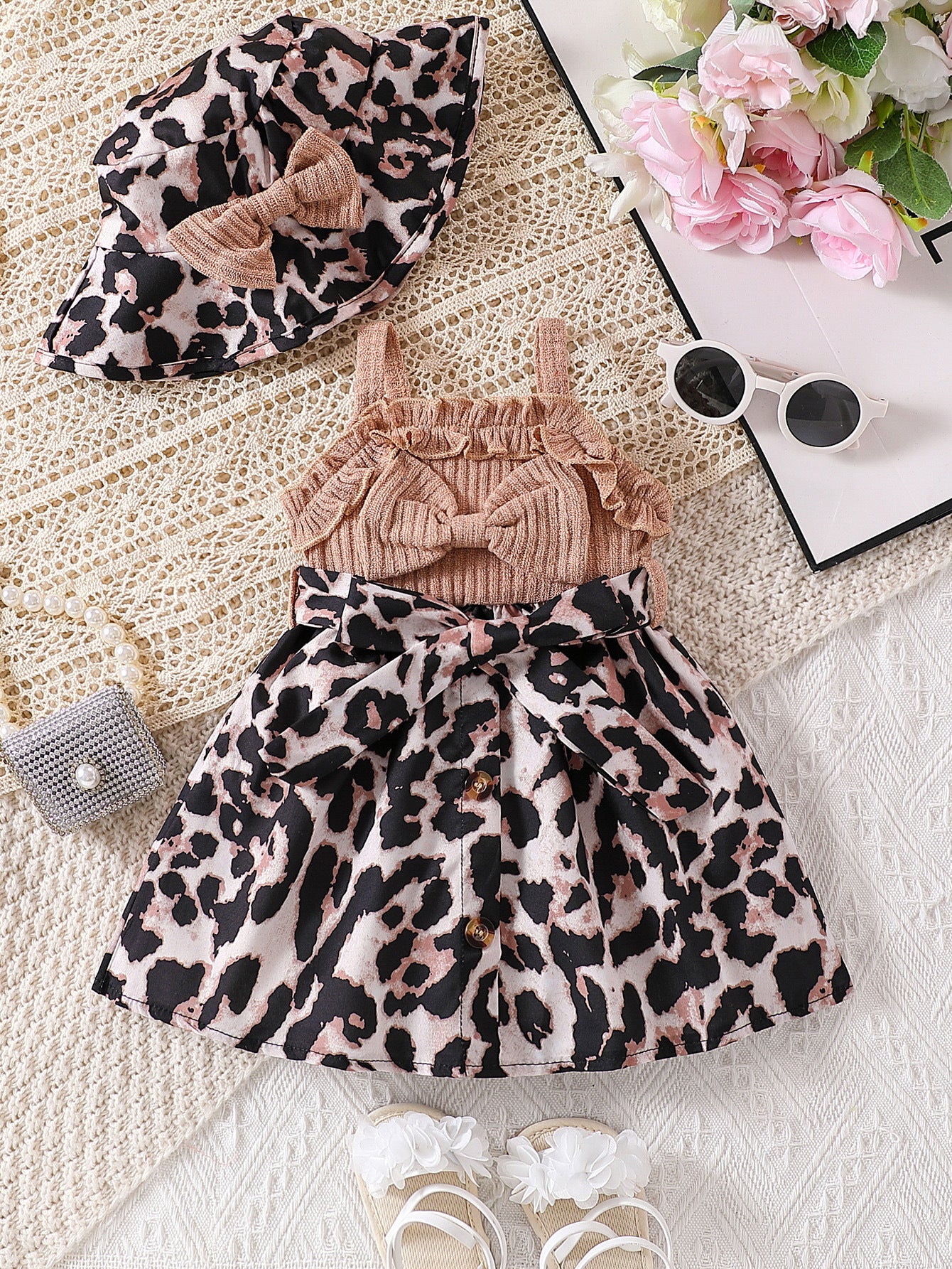 Vestitino  estivo bambina 2 pezzi con stampa animalier e cappello coordinato