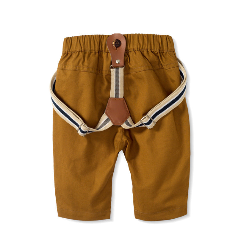 Completo Elegante Neonato 3 Pezzi  Body Camicia, Pantaloni con Bretelle e Cappellino