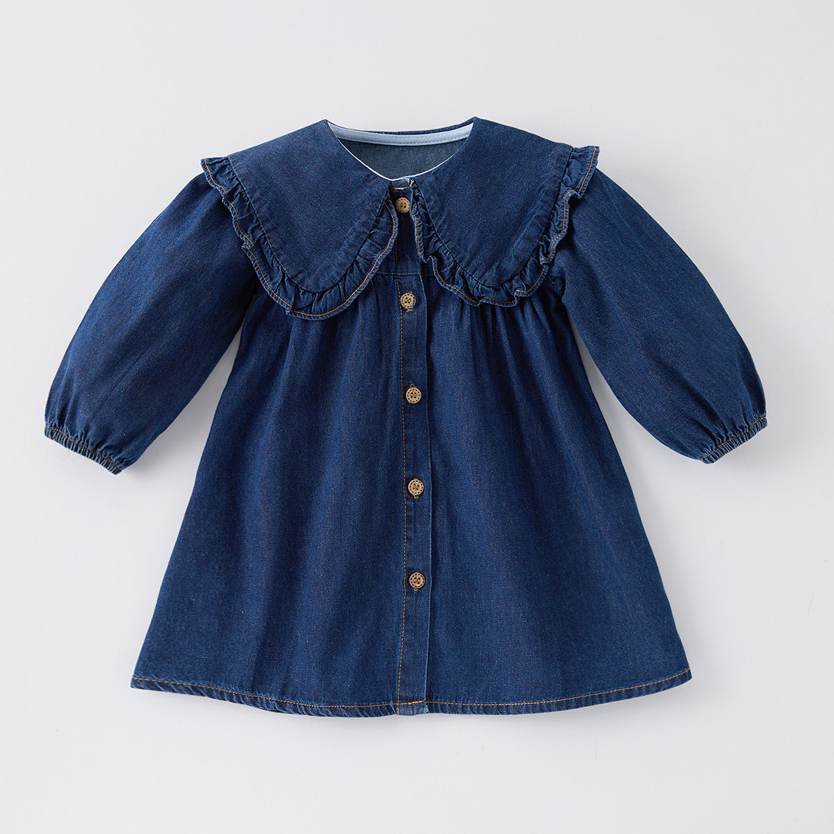 Vestito Bambina in Jeans con Colletto Volant – Manica Lunga
