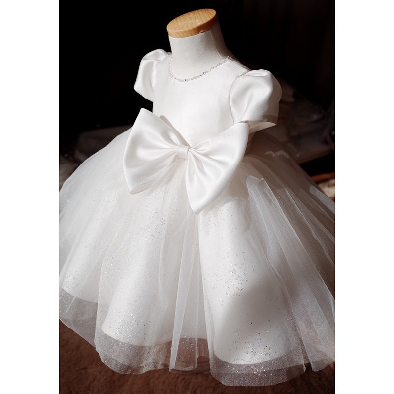 Abito da Cerimonia Bambina Bianco con Fiocco e Gonna in Tulle Glitterato