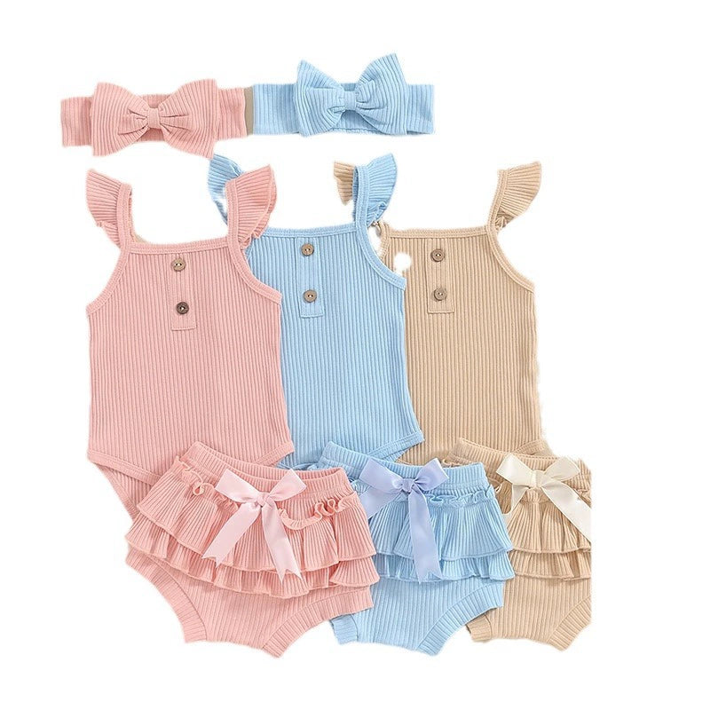 Completo Estivo Neonata/ Bimba  3 Pezzi con Body, Pantaloncini e Fascia