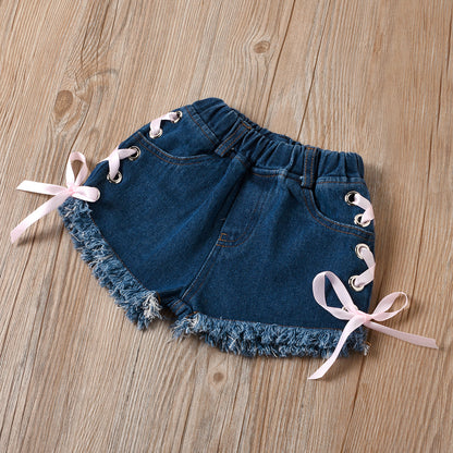 Set Estivo Bambina: Top Rosa con Fiocco e Shorts in Denim