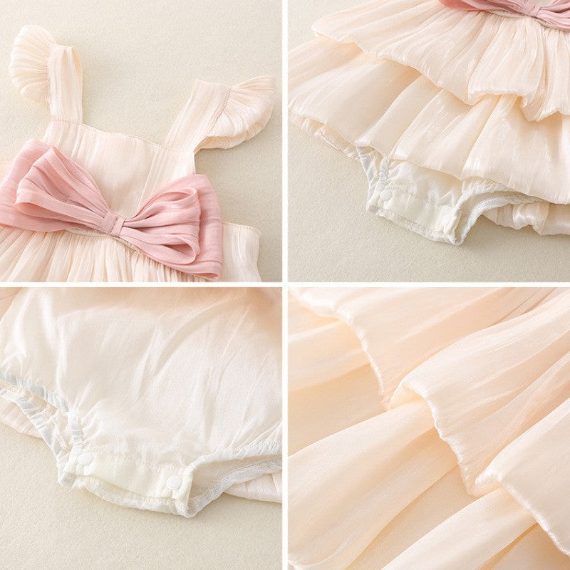 Vestito Elegante Neonata con Volant e Maxi Fiocco – Rosa Cipria