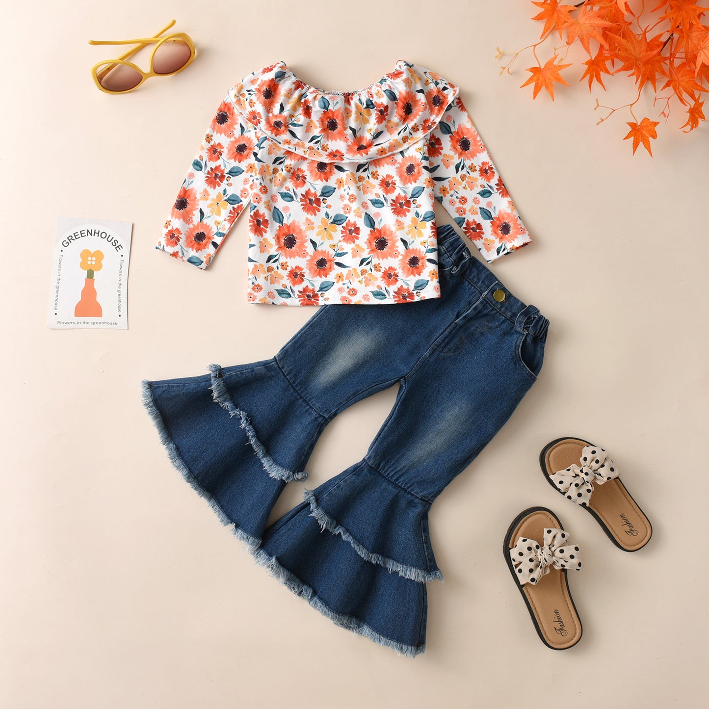 Completo Bambina Floreale con Blusa e Pantaloni a Zampa in Denim