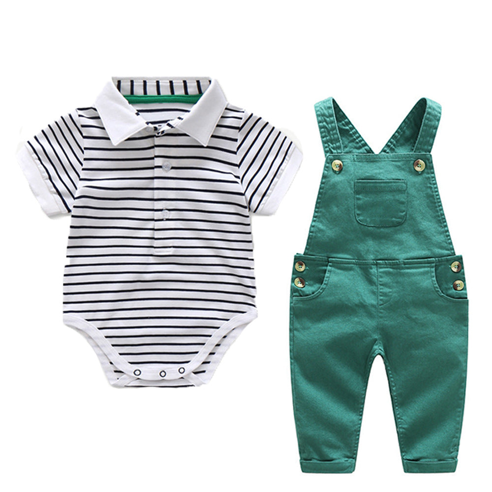Completo bimbo 2 pezzi: body polo a righe + salopette verde – Stile casual chic