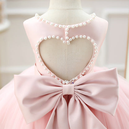 Abito da Cerimonia Bambina Rosa con Fiocco e Dettagli in Perle
